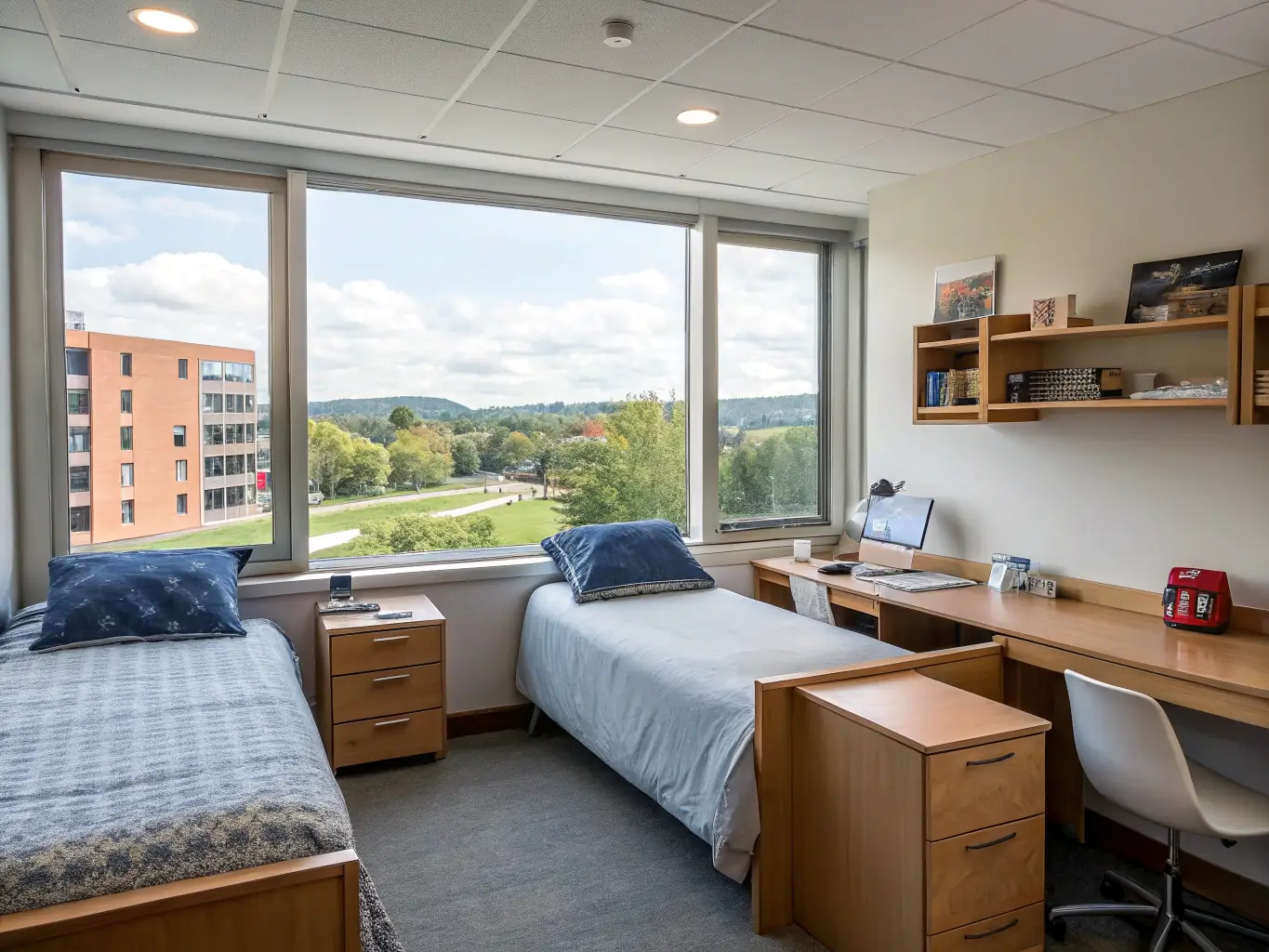 An image of students in a furnished dorm room or apartment, symbolizing housing support.