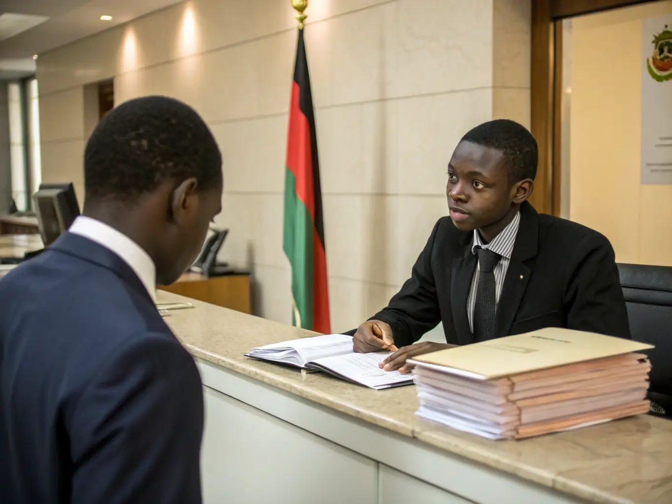 A photo of a student at a consulate, receiving assistance from an advisor, representing visa support.
