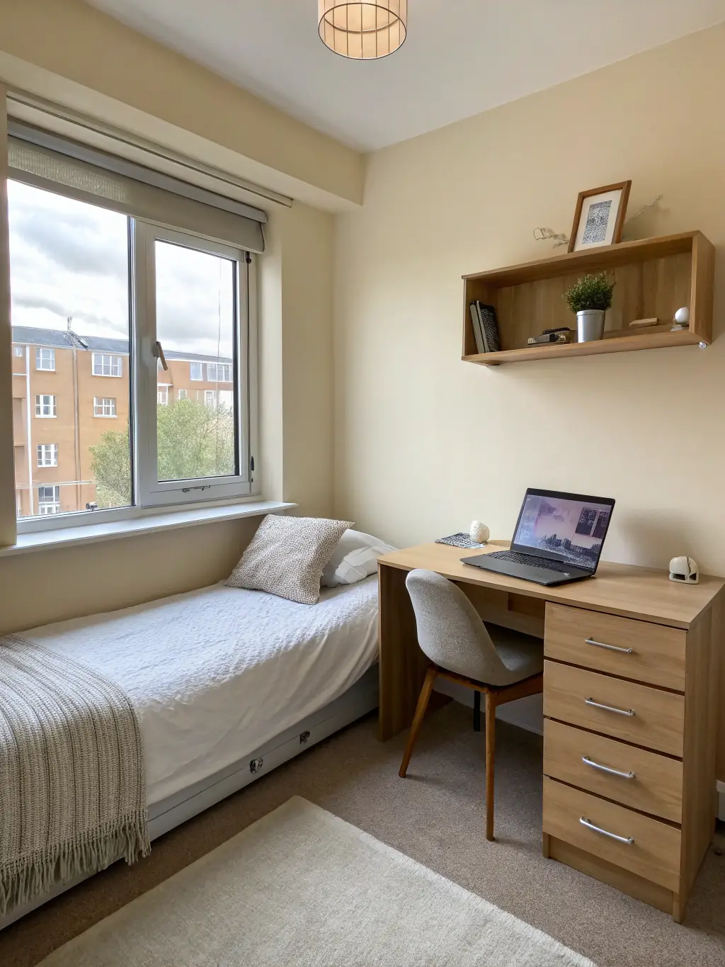 A cozy and welcoming student apartment interior, showcasing a comfortable study area and a map of the city, illustrating Academic-Explore's housing support service.