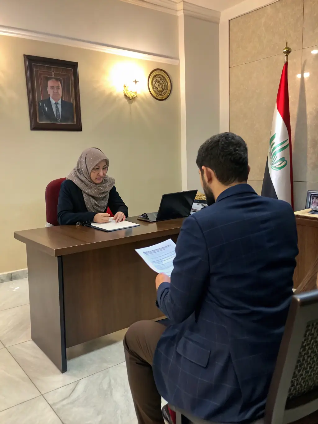 A student confidently presenting their visa application documents at an embassy, with a supportive Academic-Explore advisor standing nearby, representing the visa assistance service.