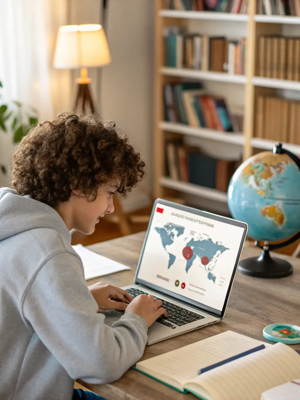 A student happily reviewing study abroad options on a laptop, surrounded by travel brochures and university pamphlets, symbolizing Academic-Explore's study abroad planning service.